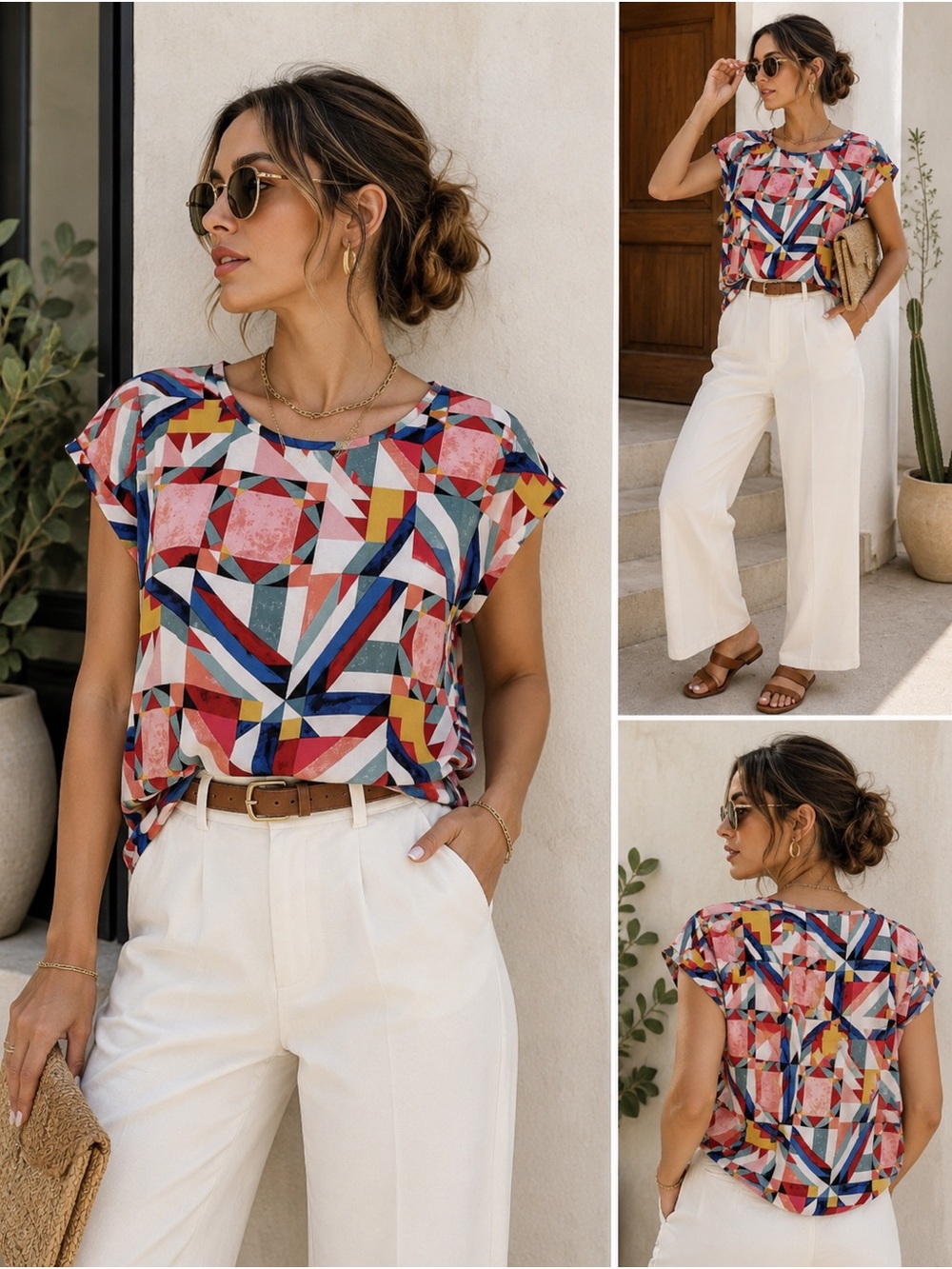 Van Heusen Geometric Colorblock Blouse Women L Multicolor Short Sleeve SummerTop